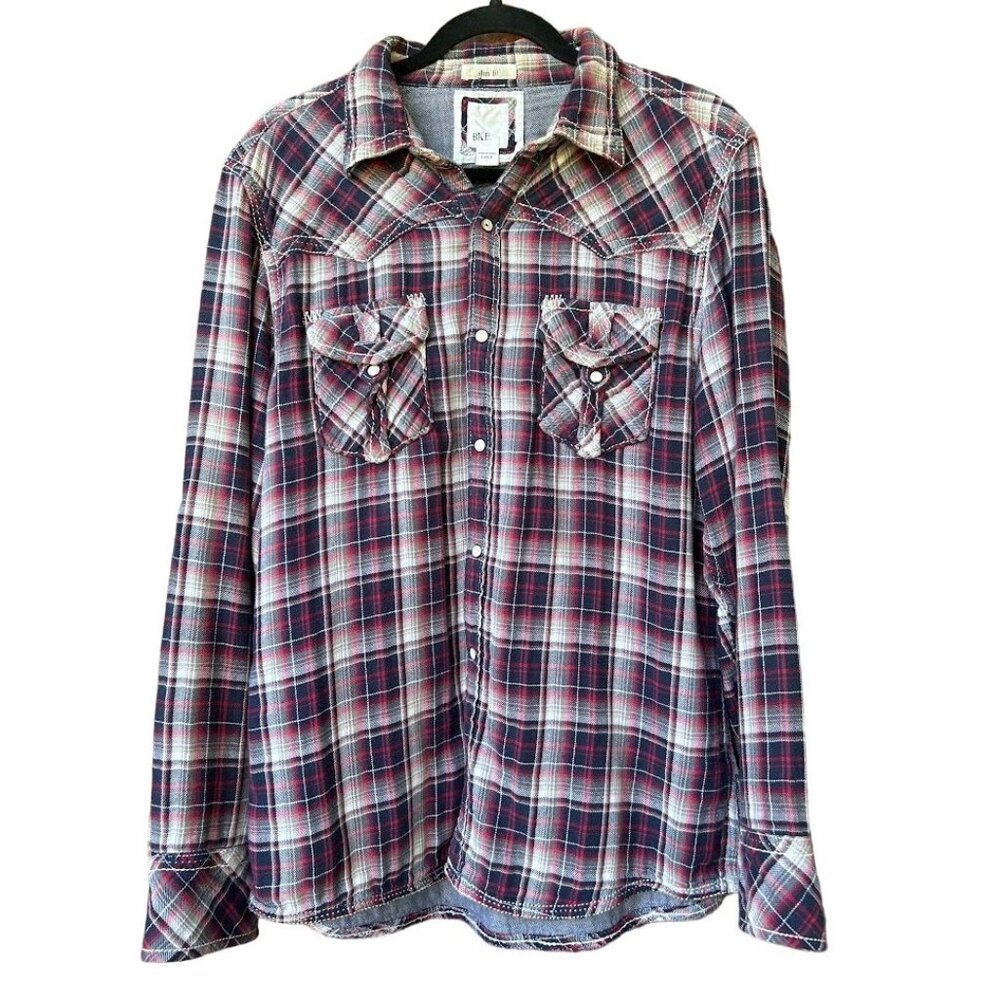 BKE Buckle Plaid Pearl Snap Mens Shirt Size L Slim Fit Tab Roll‎ Sleeve